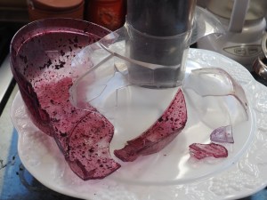Grape juice covered plastic shards from my exploding juicer.